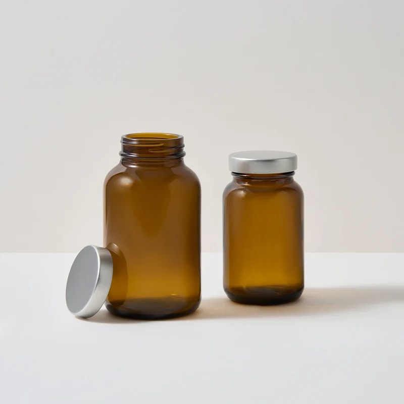 Pots en verre ambré pour compléments alimentaires avec couvercles en aluminium – Filetage 48-400